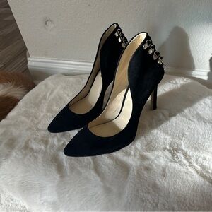 BCBGeneration black pointy suede heels with lace up detail